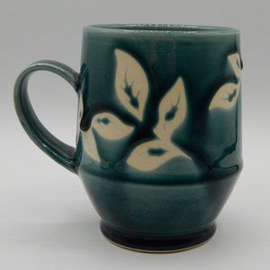 Handmade Pottery Teal Green and Leaves Mug, Fleur de Lis logo stamp